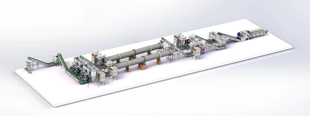 3D layout drawing of complete wood biomass pellet full production line, rotary dryer, ring die pellet mill, conveyor and cooling machine