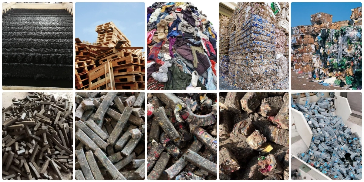 Raw waste and finished RDF fuel briquette sample collage Raw waste materials and finished fuel briquettes samples for RDF briquetting machine production