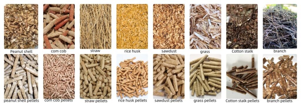 Biomass raw materials and finished fuel pellets for flat die pellet mill