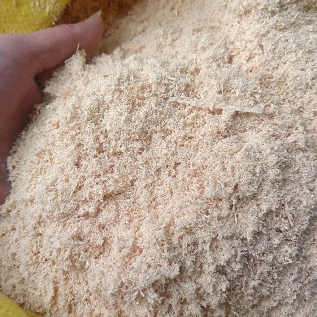 Dried sawdust after airflow dryer treatment, suitable for biomass pellet making