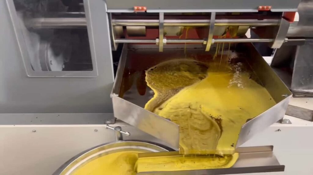 Crude rapeseed peanut oil flowing out from automatic screw oil press machine