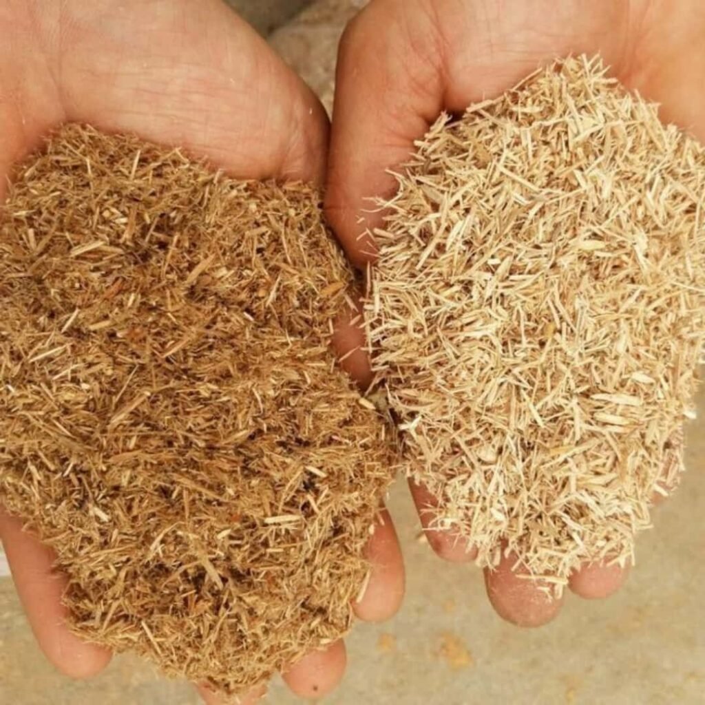 Raw material before and after rotary drying, wet vs dried biomass material