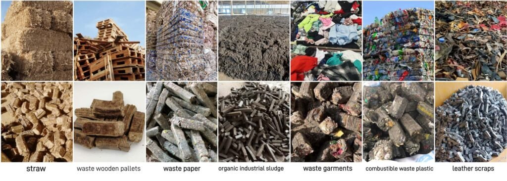 Raw material and finished RDF fuel comparison picture, combustible waste and high density RDF briquettes