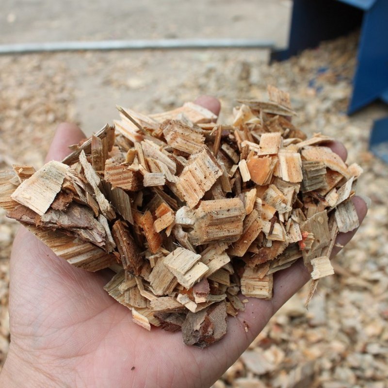 Fine crushed wood chips, output from wood crusher machine for biomass pellet production